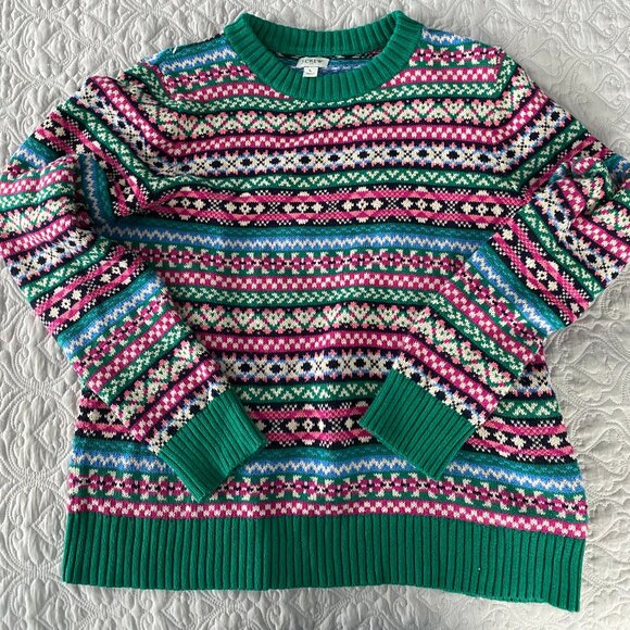 J Crew Allover Fair Isle Print Crewneck Sweater Sz L - Picture 1 of 3